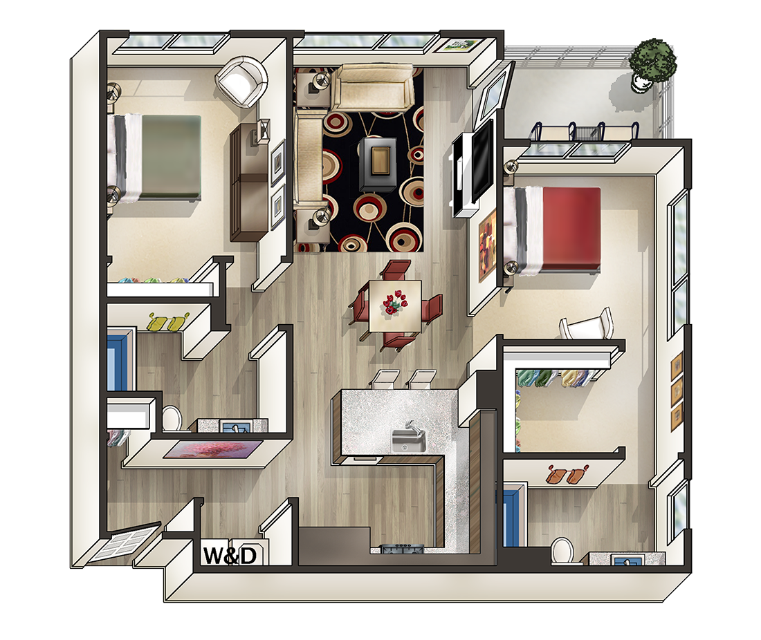 Floor plan for 2 beds, 2 baths, 1050 sqft